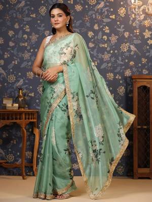 Sea green floral printed embroidered organza saree 3