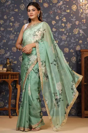 Sea green floral printed embroidered organza saree