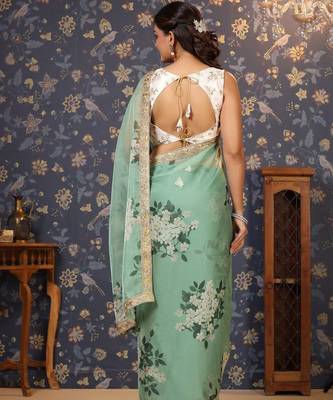 Sea green floral printed embroidered organza saree 4