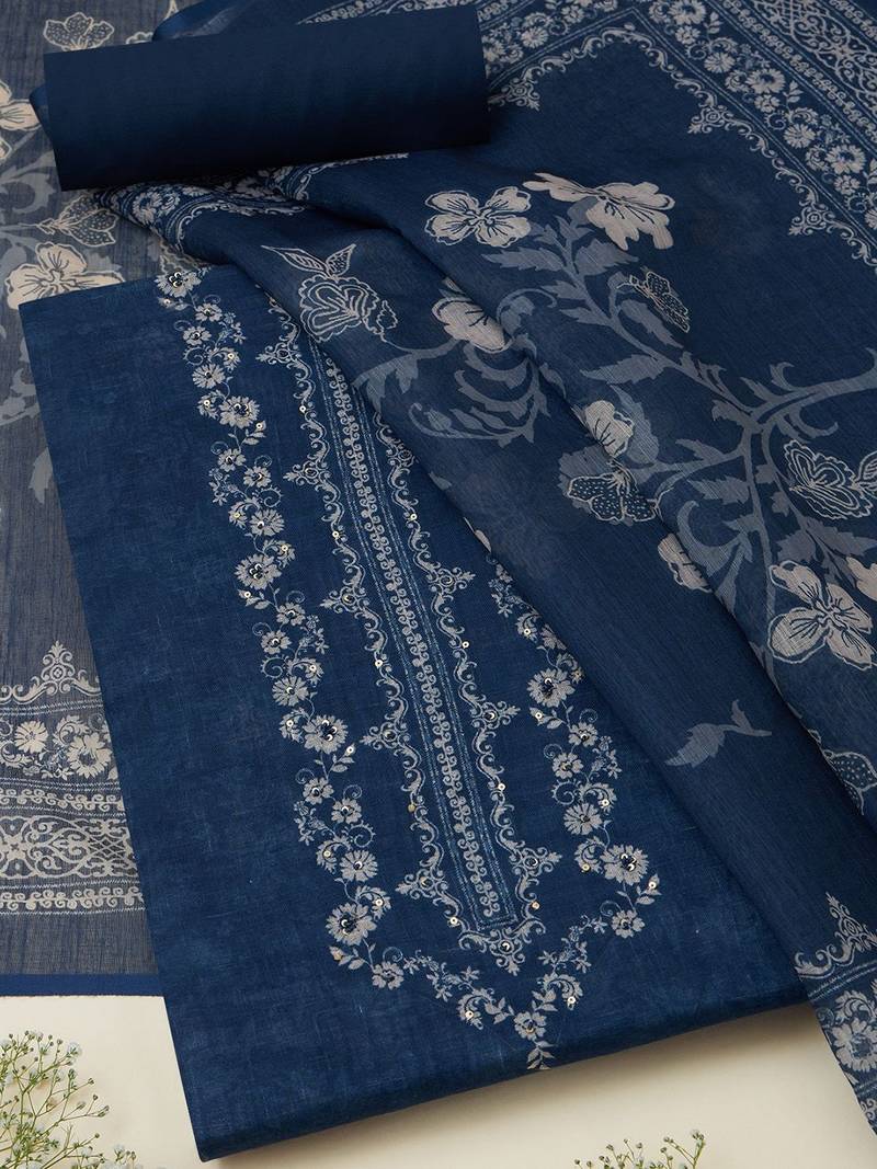 floral printed sequinned linen unstitched dress material