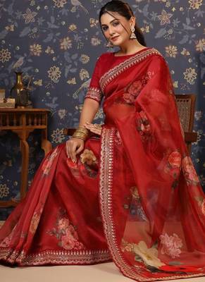 Maroon embroidered organza saree 1