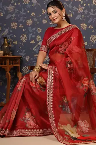 Maroon embroidered organza saree
