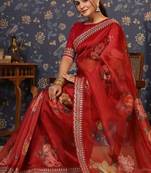 Maroon embroidered organza saree