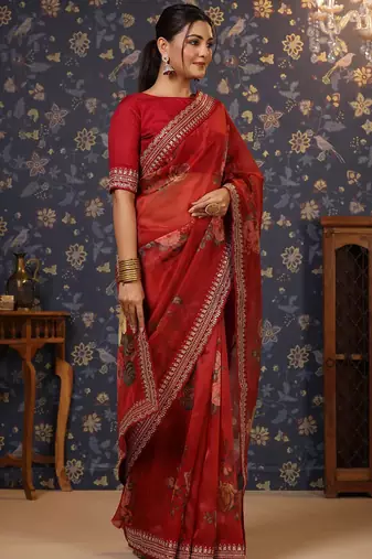 Maroon embroidered organza saree