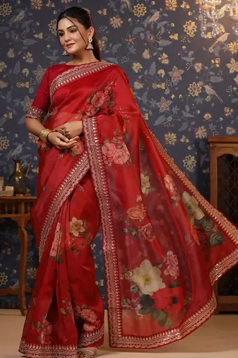 Maroon embroidered organza saree