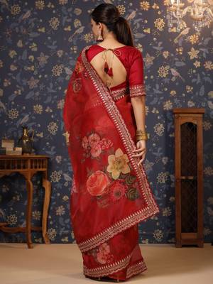 Maroon embroidered organza saree 4