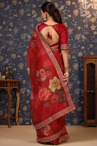 Maroon embroidered organza saree