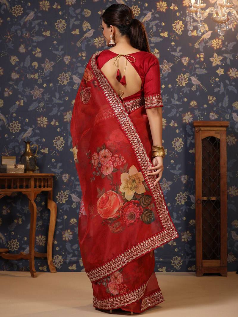 Maroon embroidered organza saree