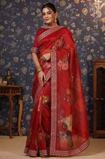 Maroon embroidered organza saree