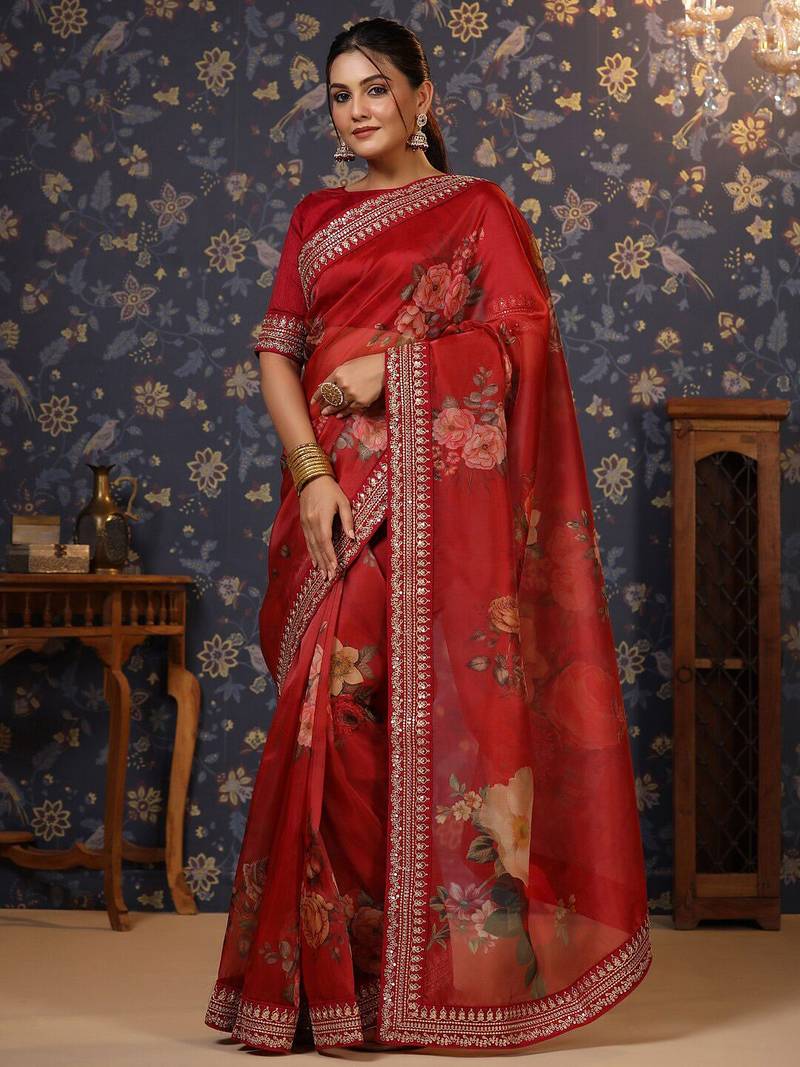 Maroon embroidered organza saree