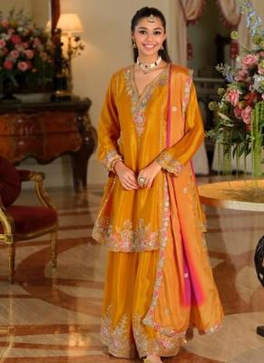 Saffron yellow chinon full stitched free size wedding size upto 44 1