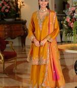 Saffron yellow chinon full stitched free size wedding size upto 44