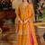 Saffron yellow chinon full stitched free size wedding size upto 44