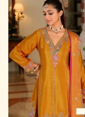 Saffron yellow chinon full stitched free size wedding size upto 44 2