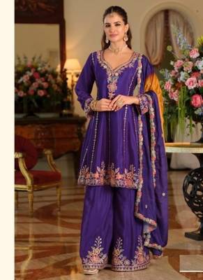 Blue chinon full stitched free size wedding size upto 44 1