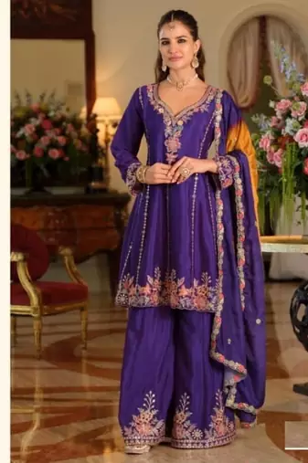 Blue chinon full stitched free size wedding size upto 44