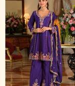 Blue chinon full stitched free size wedding size upto 44