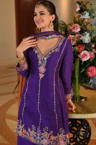 Blue chinon full stitched free size wedding size upto 44