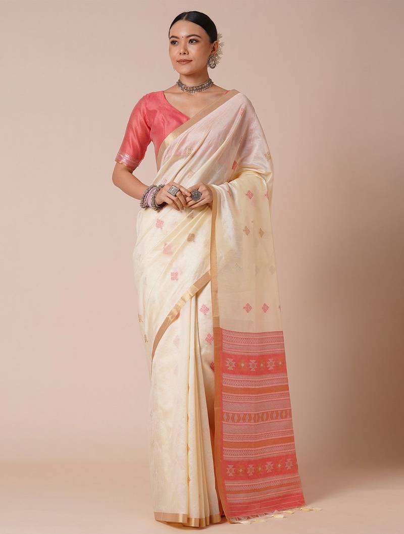 Off white ethnic motif woven design banarasi silk saree