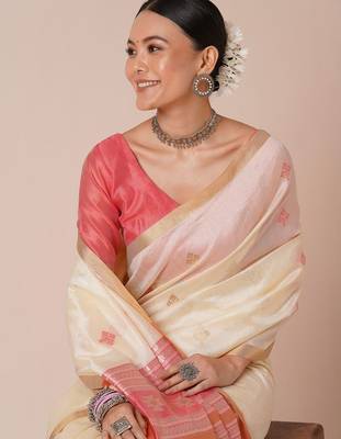 Off white ethnic motif woven design banarasi silk saree 4