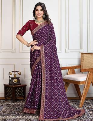Purple badshah bandhani printed with embroidered saree with unstitched blouse 1