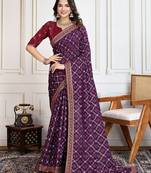 Purple badshah bandhani printed with embroidered saree with unstitched blouse