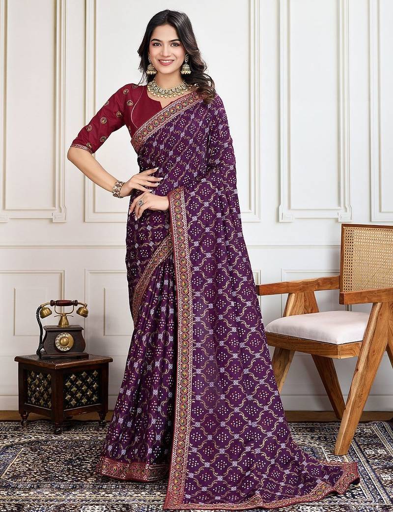 Purple badshah bandhani printed with embroidered saree with unstitched blouse