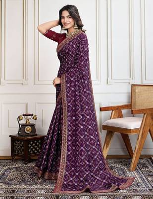 Purple badshah bandhani printed with embroidered saree with unstitched blouse 2