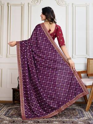 Purple badshah bandhani printed with embroidered saree with unstitched blouse 3