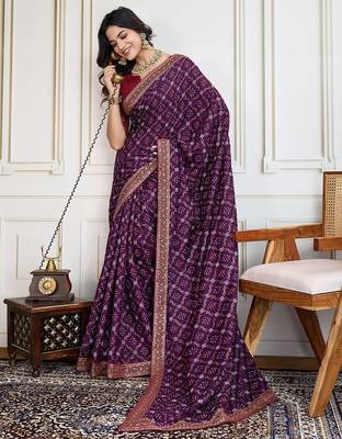 Purple badshah bandhani printed with embroidered saree with unstitched blouse 4