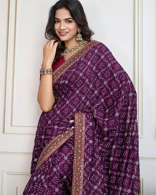 Purple badshah bandhani printed with embroidered saree with unstitched blouse 5