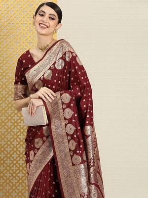 Brown ethnic motifs zari banarasi saree 1