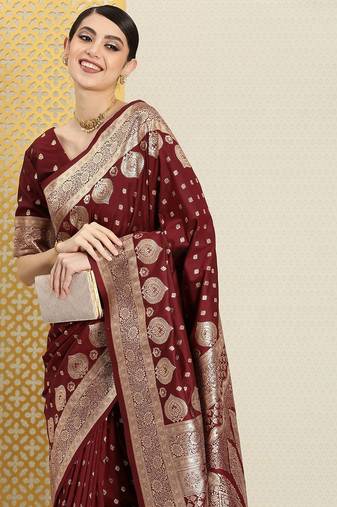 Brown ethnic motifs zari banarasi saree