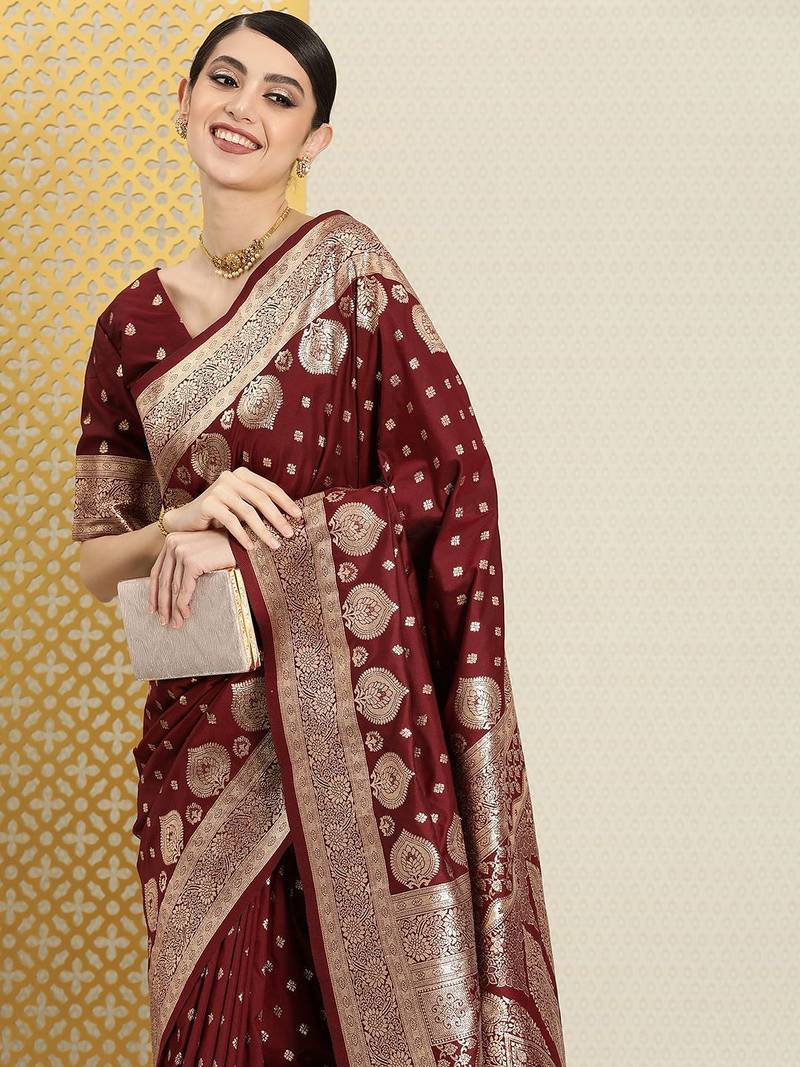 Brown ethnic motifs zari banarasi saree