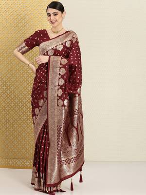 Brown ethnic motifs zari banarasi saree 2