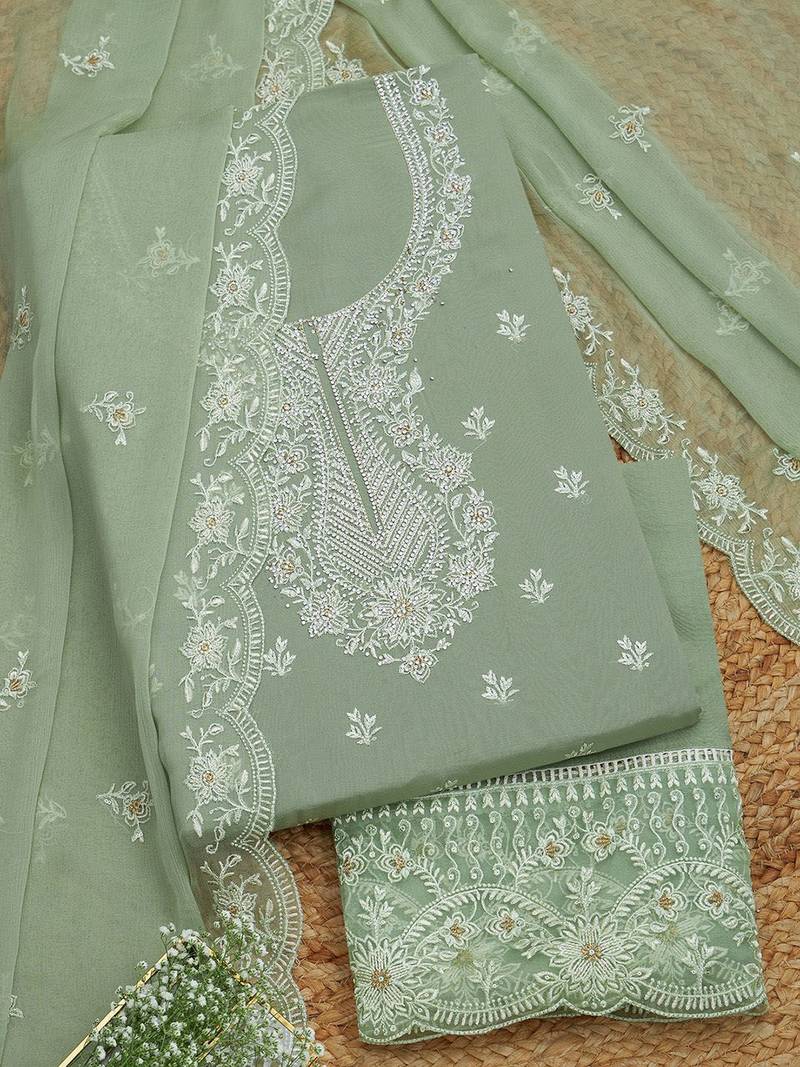 floral embroidered organza unstitched dress material