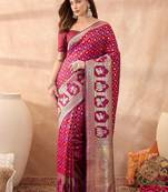 Burgundy woven design banarasi sarees with unstitched blouse