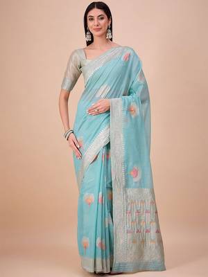 Blue floral woven design saree 1