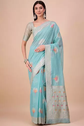 Blue floral woven design saree