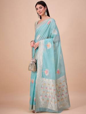Blue floral woven design saree 2
