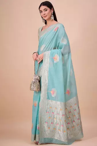 Blue floral woven design saree