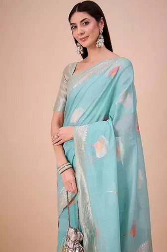 Blue floral woven design saree