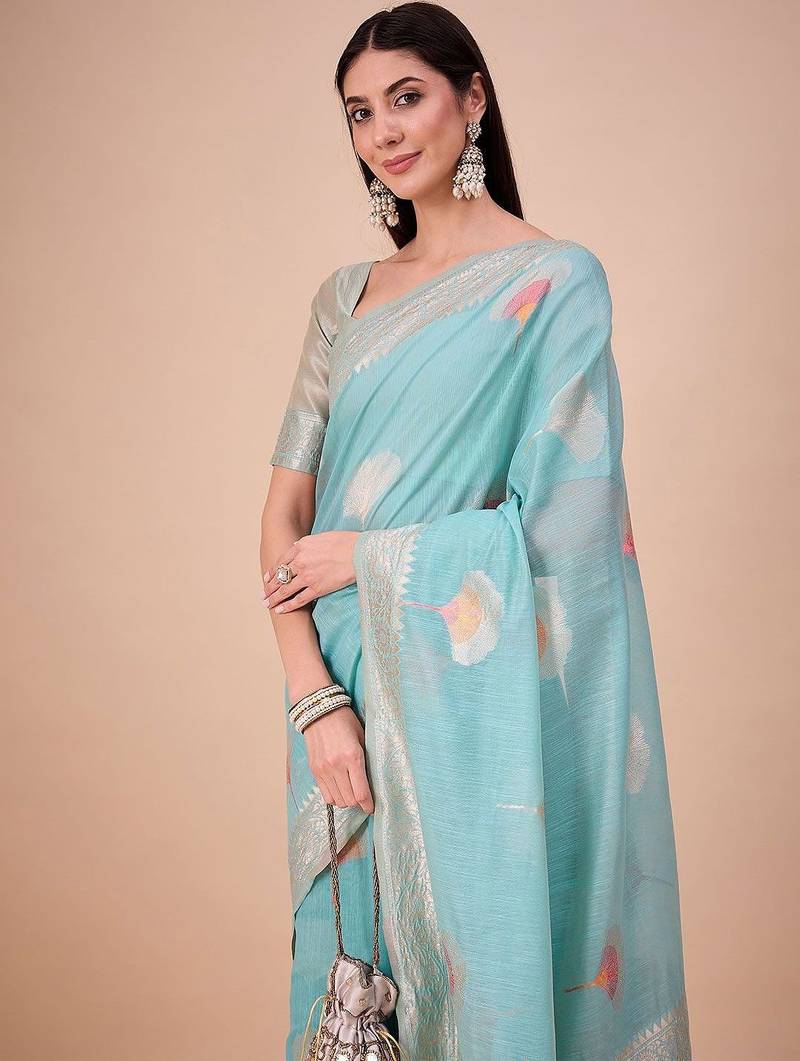 Blue floral woven design saree
