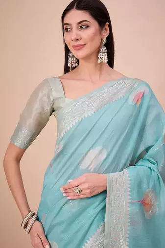 Blue floral woven design saree