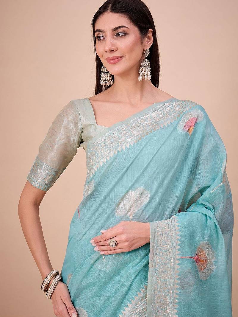 Blue floral woven design saree