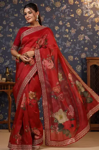Maroon floral printed sequinned embellished saree