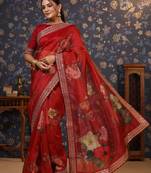 Maroon floral printed sequinned embellished saree