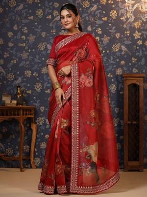 Maroon floral printed sequinned embellished saree 2