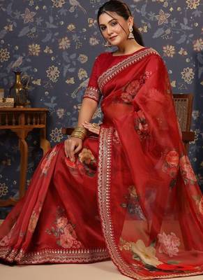 Maroon floral printed sequinned embellished saree 5