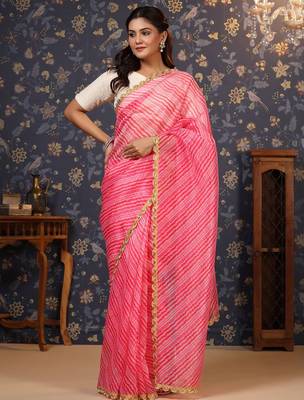 Pink lehriya printed embellished organza saree 1